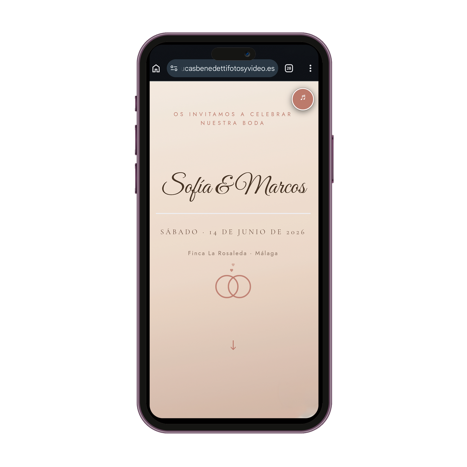 Invitación de boda digital estilo Elegante en pantalla de móvil · Lucas Benedetti Málaga