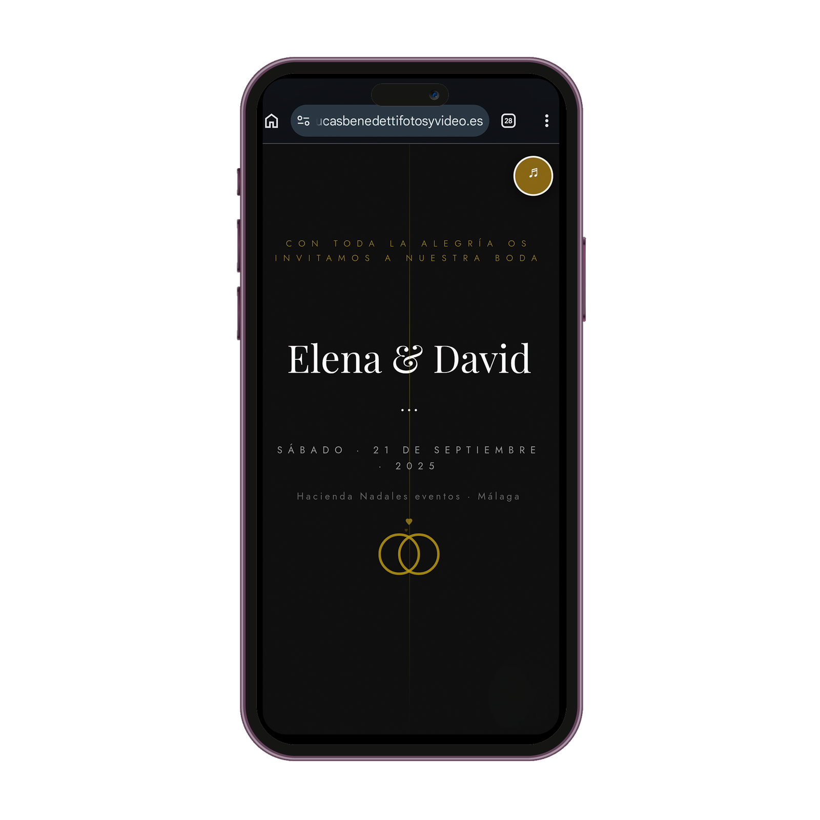 Invitación de boda digital estilo Elegante en pantalla de móvil · Lucas Benedetti Málaga