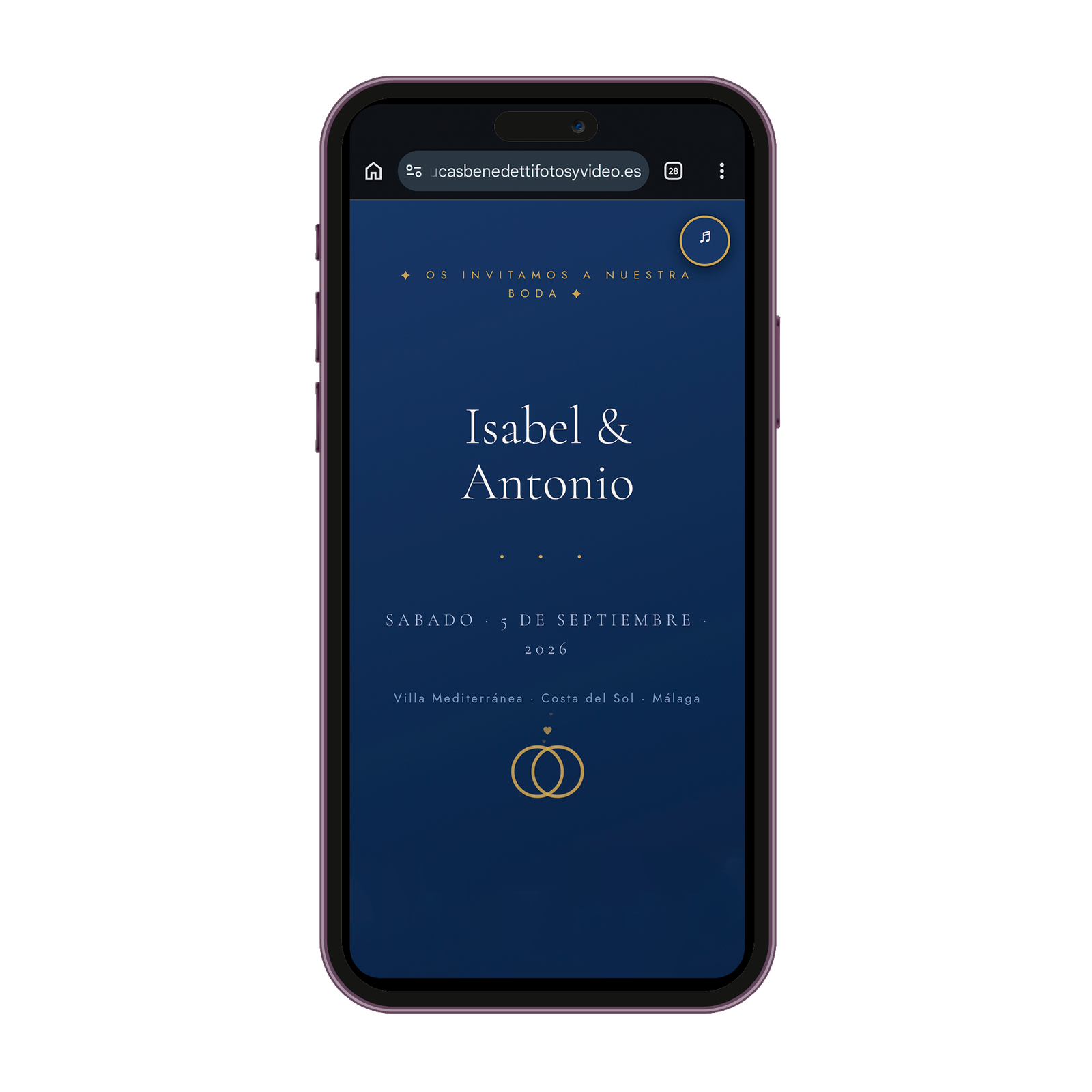 Invitación de boda digital estilo Elegante en pantalla de móvil · Lucas Benedetti Málaga